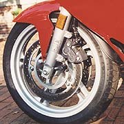 The usual four piston ABS Brembos, with trick floating discs attached directly to the wheels